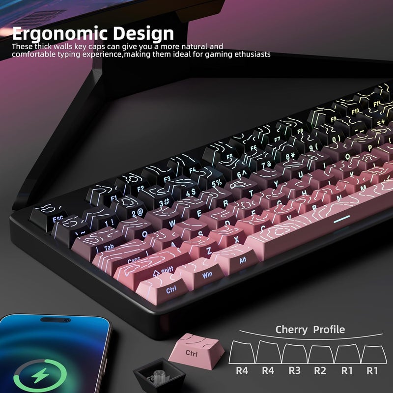 FunHub Shine Through PBT Keycaps - Pink Side Printed DoubleShot Keycaps Set 133 Keys 60 65 75 100 Percent Cherry Profile,Gradient Topographic RGB Backlit Key Caps for MX Full Size Mechanial Keyboards - Image 4
